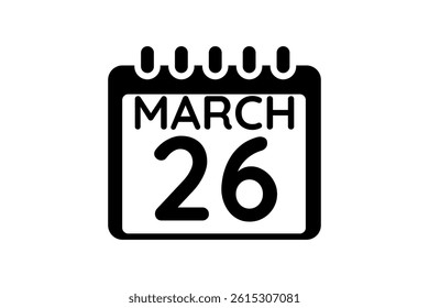 26 March calendar icon text page monthly web design on black and white background vector, icon, or illustration with the month of March 26