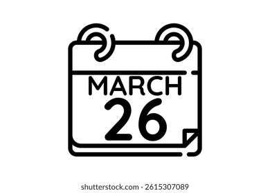 26 March calendar icon text page monthly web design on black and white background vector, icon, or illustration with the month of March 26
