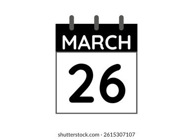 26 March calendar icon text page monthly web design on black and white background vector, icon, or illustration with the month of March 26