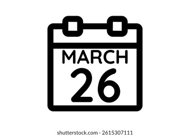 26 March calendar icon text page monthly web design on black and white background vector, icon, or illustration with the month of March 26