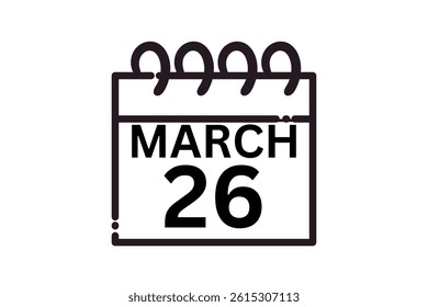 26 March calendar icon text page monthly web design on black and white background vector, icon, or illustration with the month of March 26