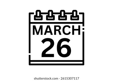 26 March calendar icon text page monthly web design on black and white background vector, icon, or illustration with the month of March 26