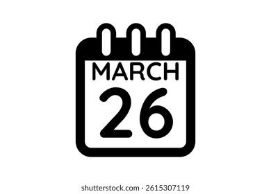 26 March calendar icon text page monthly web design on black and white background vector, icon, or illustration with the month of March 26