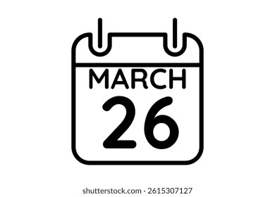 26 March calendar icon text page monthly web design on black and white background vector, icon, or illustration with the month of March 26