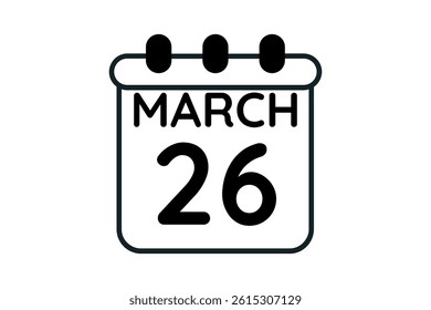 26 March calendar icon text page monthly web design on black and white background vector, icon, or illustration with the month of March 26