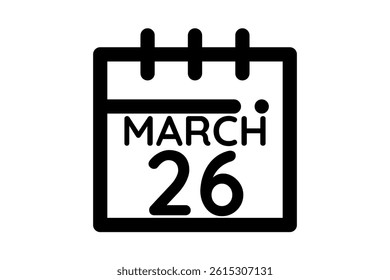26 March calendar icon text page monthly web design on black and white background vector, icon, or illustration with the month of March 26