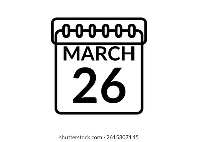 26 March calendar icon text page monthly web design on black and white background vector, icon, or illustration with the month of March 26