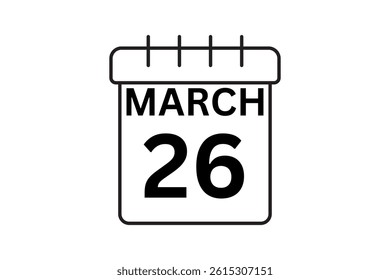 26 March calendar icon text page monthly web design on black and white background vector, icon, or illustration with the month of March 26