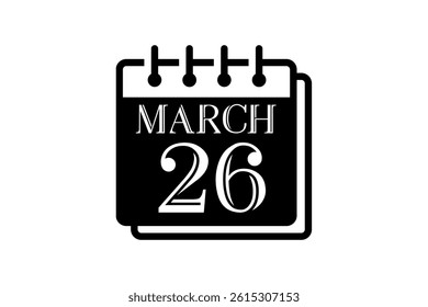 26 March calendar icon text page monthly web design on black and white background vector, icon, or illustration with the month of March 26