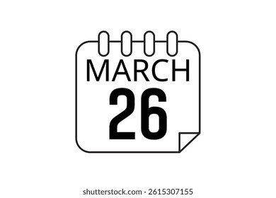 26 March calendar icon text page monthly web design on black and white background vector, icon, or illustration with the month of March 26