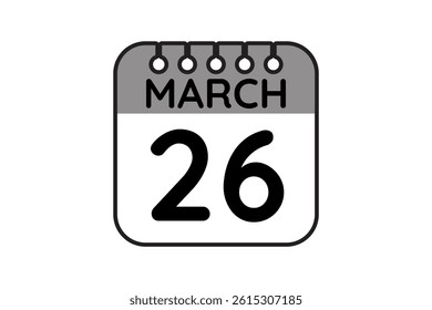 26 March calendar icon text page monthly web design on black and white background vector, icon, or illustration with the month of March 26