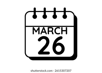 26 March calendar icon text page monthly web design on black and white background vector, icon, or illustration with the month of March 26