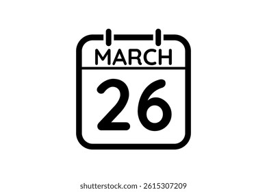 26 March calendar icon text page monthly web design on black and white background vector, icon, or illustration with the month of March 26