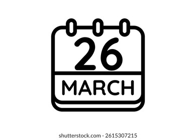 26 March calendar icon text page monthly web design on black and white background vector, icon, or illustration with the month of March 26