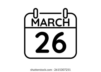 26 March calendar icon text page monthly web design on black and white background vector, icon, or illustration with the month of March 26