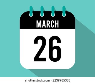 26 March calendar icon. Vector black for the month of March with shadow effect