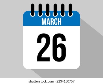 icono vectorial del calendario 26 de marzo. Fecha de la Marcha Azul para los días del mes y de la semana en un fondo claro