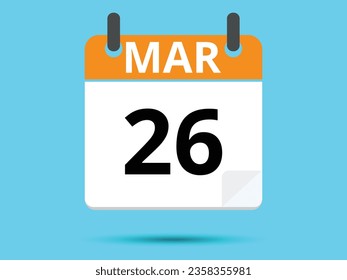 26 March. Flat icon calendar isolated on blue background. Vector illustration.