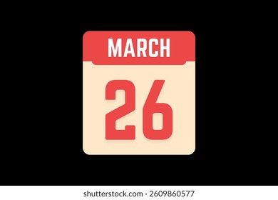 26 March icon text page monthly web design on coral, white, tangerine and black background vector, icon, or illustration with the month of March 26