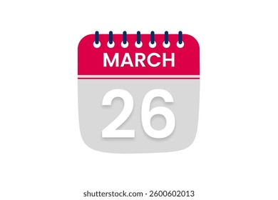 26 March month single day vector, illustration, calendar with red, off white and white color background calendar March 26