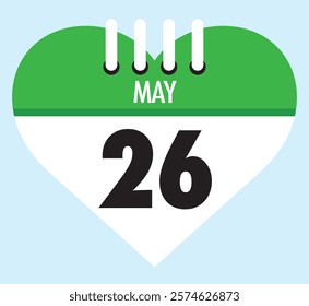 26 May calendar icon green heart shape on light sky blue color background, calendar vector symbol for the month of May.