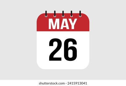 icono del calendario 26 de mayo. Vector de página del calendario rojo para los días y semanas de mayo.