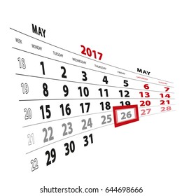 26 May highlighted on calendar 2017. Week starts from Monday. Vector Illustration.
