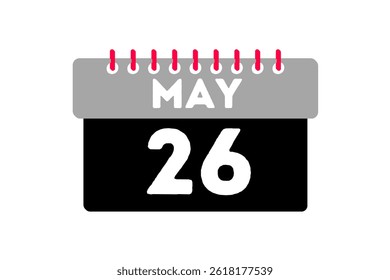26 may month single day vector, illustration, calendar with ash, black, red and white color background calendar icon of may 26