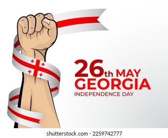 26 May. Vector illustration of Happy Independence Day greeting card for the country of Georgia with clenched fists and a flag ribbon. Use for banners on a white background. svg