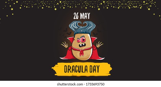 26  may world dracula day greeting horizontal banner with vector funny cartoon cute dracula potato with fangs and red cape isolated on dark background. vampire monster vegetable funky character