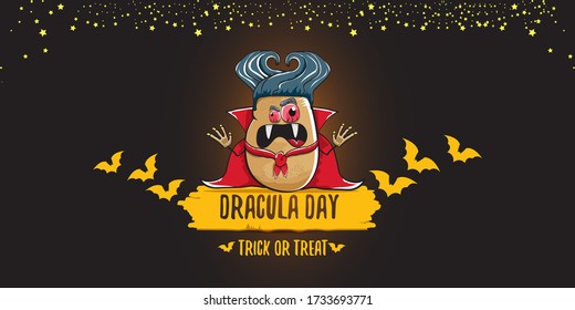 26  may world dracula day greeting horizontal banner with vector funny cartoon cute dracula potato with fangs and red cape isolated on dark background. vampire monster vegetable funky character