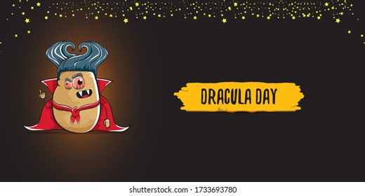 26  may world dracula day greeting horizontal banner with vector funny cartoon cute dracula potato with fangs and red cape isolated on dark background. vampire monster vegetable funky character