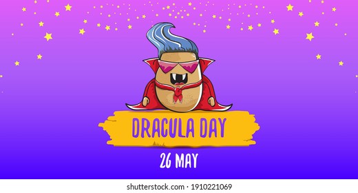 26 may world dracula day greeting horizontal banner with vector funny cartoon cute dracula potato with fangs and red cape isolated on violet background. vampire monster vegetable funky character