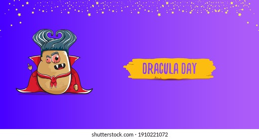 26 may world dracula day greeting horizontal banner with vector funny cartoon cute dracula potato with fangs and red cape isolated on violet background. vampire monster vegetable funky character