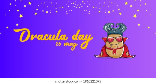 26 may world dracula day greeting horizontal banner with vector funny cartoon cute dracula potato with fangs and red cape isolated on violet background. vampire monster vegetable funky character