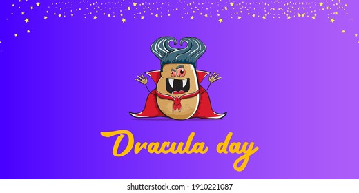 26 may world dracula day greeting horizontal banner with vector funny cartoon cute dracula potato with fangs and red cape isolated on violet background. vampire monster vegetable funky character