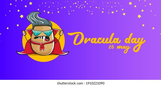 26 may world dracula day greeting horizontal banner with vector funny cartoon cute dracula potato with fangs and red cape isolated on violet background. vampire monster vegetable funky character