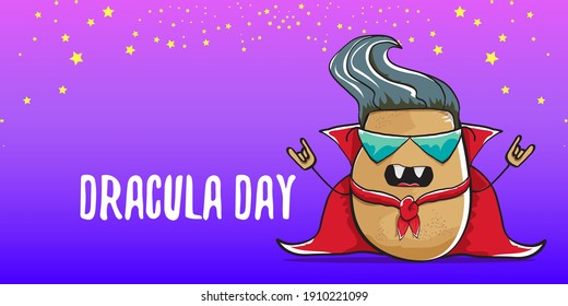 26 may world dracula day greeting horizontal banner with vector funny cartoon cute dracula potato with fangs and red cape isolated on violet background. vampire monster vegetable funky character