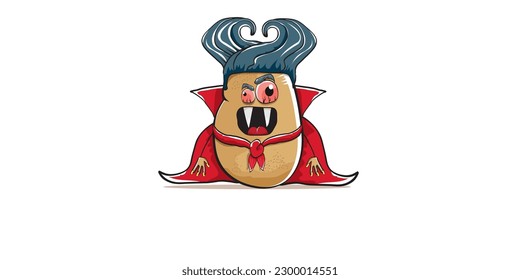 26 may world dracula day greeting horizontal banner with vector funny cartoon cute dracula potato with fangs and red cape isolated on white background. vampire monster vegetable funky character