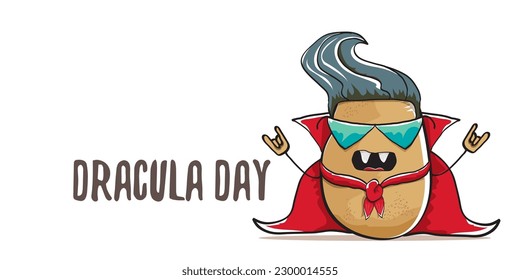 26 may world dracula day greeting horizontal banner with vector funny cartoon cute dracula potato with fangs and red cape isolated on white background. vampire monster vegetable funky character