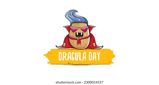 26 may world dracula day greeting horizontal banner with vector funny cartoon cute dracula potato with fangs and red cape isolated on white background. vampire monster vegetable funky character