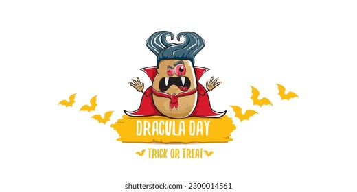 26 may world dracula day greeting horizontal banner with vector funny cartoon cute dracula potato with fangs and red cape isolated on white background. vampire monster vegetable funky character