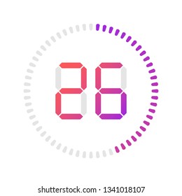 The 26 minutes, stopwatch vector icon, digital timer. Vector digital count down circle board with circle time pie diagram. Watch outline style design, designed for web and app.