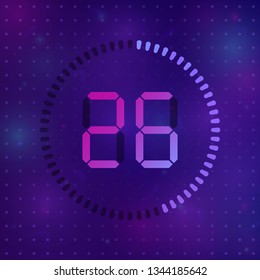 The 26 minutes, stopwatch vector icon, digital timer. Vector digital count down circle board with circle time pie diagram. Watch outline style design, designed for web and app.