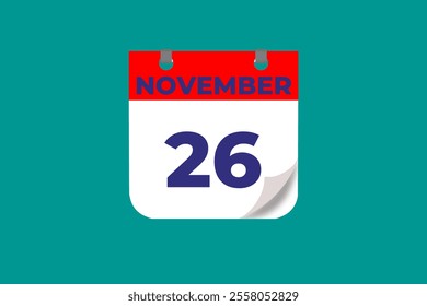 26 November calendar icon text page monthly web design on red, and blue background vector, icon, or illustration with the month of November 26