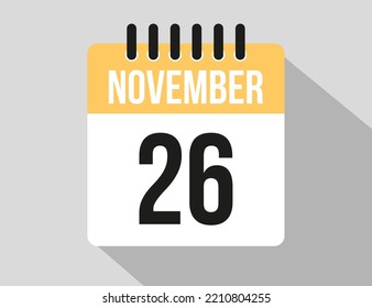 icono vectorial del calendario 26 de noviembre. Fecha de noviembre amarillo para los días del mes y la semana