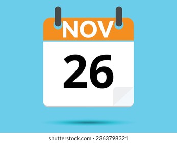 26 November. Flat icon calendar isolated on blue background. Vector illustration.