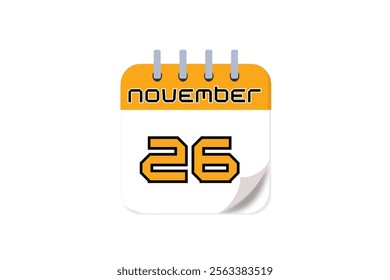 26 November month single day vector, illustration, calendar with yellow, black and white color background calendar November 26
