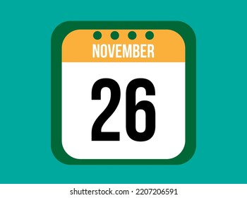 26 November orange calendar vector. November date with square on light background.