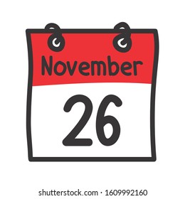 26 November. Vector flat daily calendar icon. Date and time, day, month. Holiday